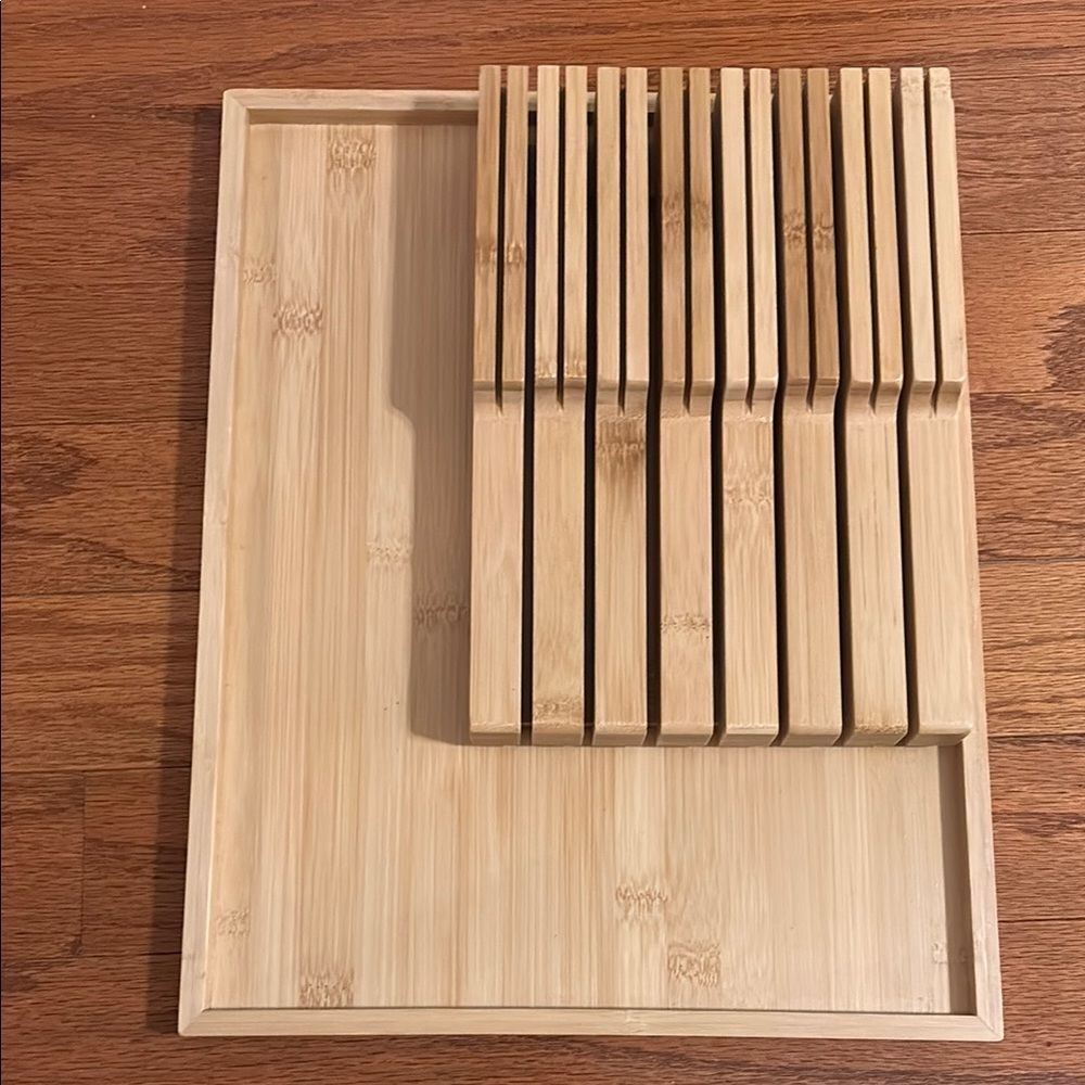 Bamboo knife drawer organizer insert w/open space for sharpener/other knives
